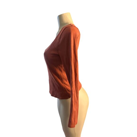 Women S Anthropologie T.La Ribbed Square-Neck Top Rust Long Sleeved Tee T-Shirt - Picture 3 of 6